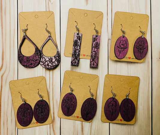 Purple Heart Hardwood Floral Earrings