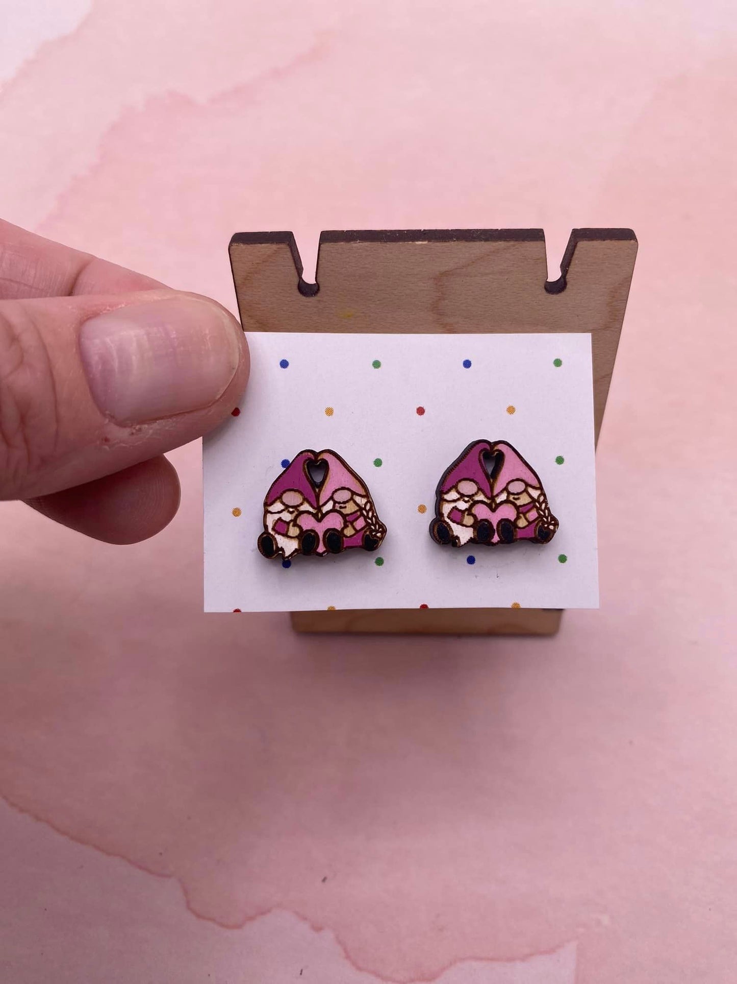 Hand Painted Valentine Gnome Stud Earrings