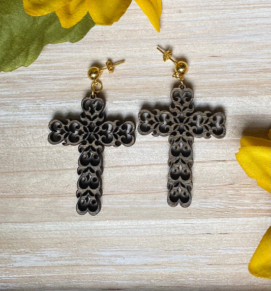 Wooden Cross Filigree Earrings