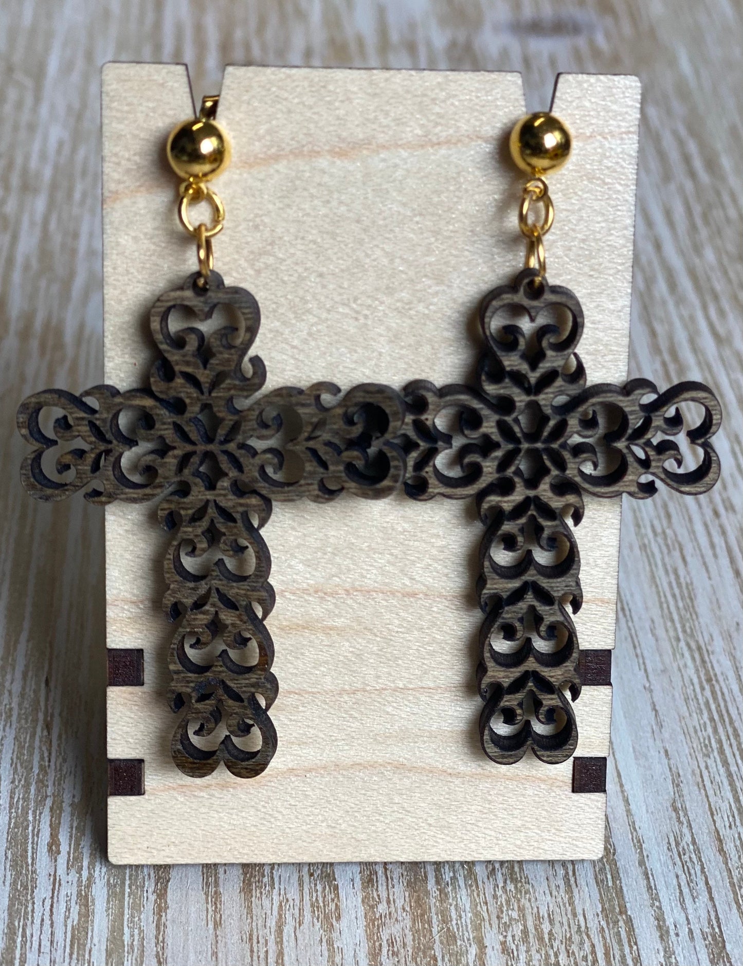 Wooden Cross Filigree Earrings