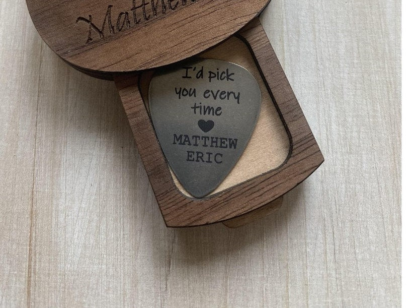 Guitar Pick Box // Custom Guitar Pick box // Guitar Pick Holder // Engraved Pick Box // Stainless Steel Guitar Pick // Custom Pick // Guitar