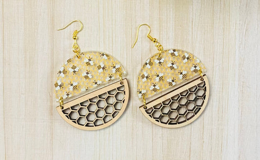 Busy Bee Honeycomb Dangle Earrings / Wooden Earrings / Acrylic Earrings / Bee Jewelry / Honeycomb